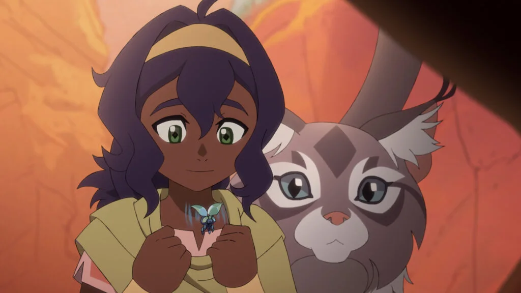 Pavi and Geet observe a small winged creature in an official Seven Havens still